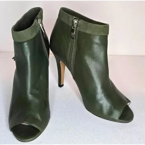 Vince Camuto Womens Kevia Boot Camo Olive Leather Open Toe Stiletto Bootie Sz 7