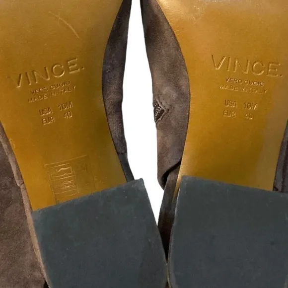 VINCE Fenmore Taupe Brown Suede Peep Toe Ankle Bootie Boot Heels