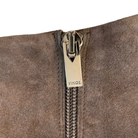 VINCE Fenmore Taupe Brown Suede Peep Toe Ankle Bootie Boot Heels