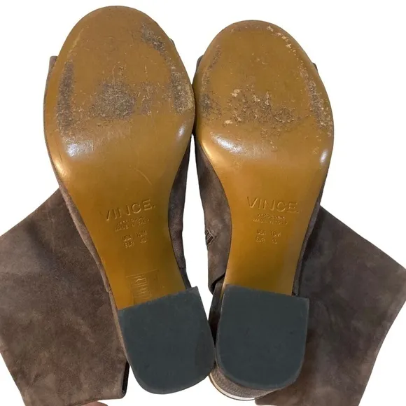 VINCE Fenmore Taupe Brown Suede Peep Toe Ankle Bootie Boot Heels