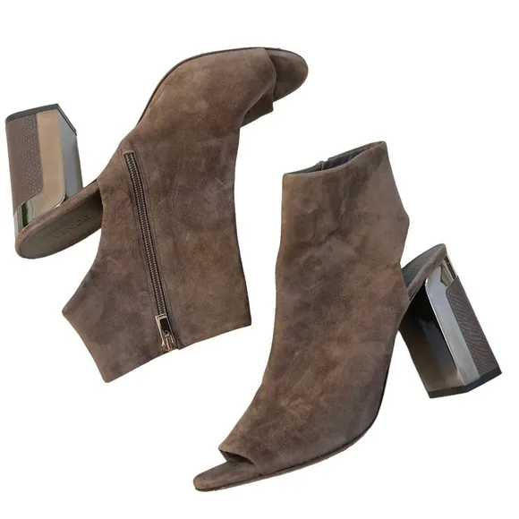 VINCE Fenmore Taupe Brown Suede Peep Toe Ankle Bootie Boot Heels