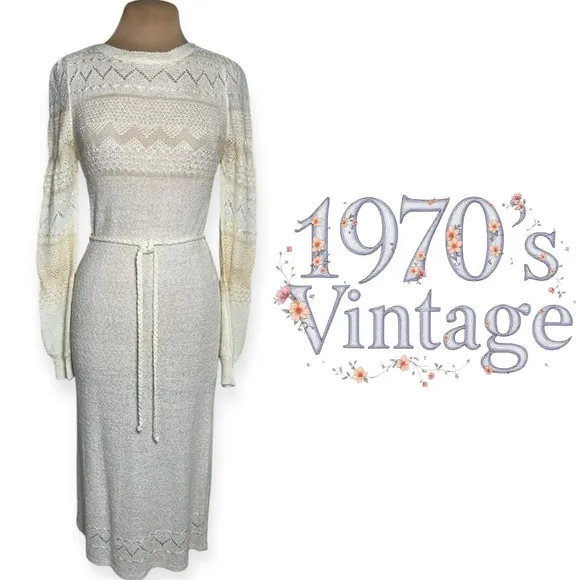 Vintage 1970s cream ivory Boho Crochet knit fitted midi dress Astor One Small