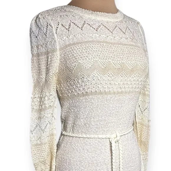 Vintage 1970s cream ivory Boho Crochet knit fitted midi dress Astor One Small