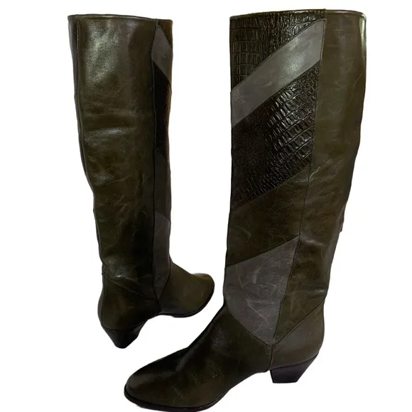 VINTAGE 1980'S HARSCH PATCHWORK LEATHER HEELED CALF HIGH BOOTS (5)