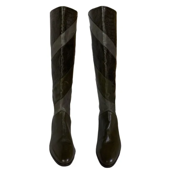 VINTAGE 1980'S HARSCH PATCHWORK LEATHER HEELED CALF HIGH BOOTS (5)