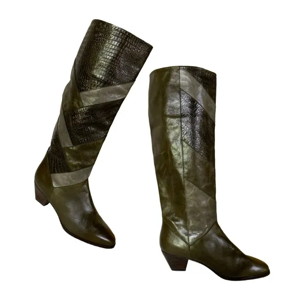 VINTAGE 1980'S HARSCH PATCHWORK LEATHER HEELED CALF HIGH BOOTS (5)
