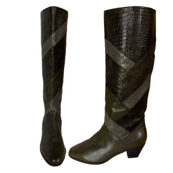 VINTAGE 1980'S HARSCH PATCHWORK LEATHER HEELED CALF HIGH BOOTS (5)