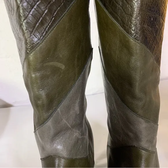 VINTAGE 1980'S HARSCH PATCHWORK LEATHER HEELED CALF HIGH BOOTS (5)
