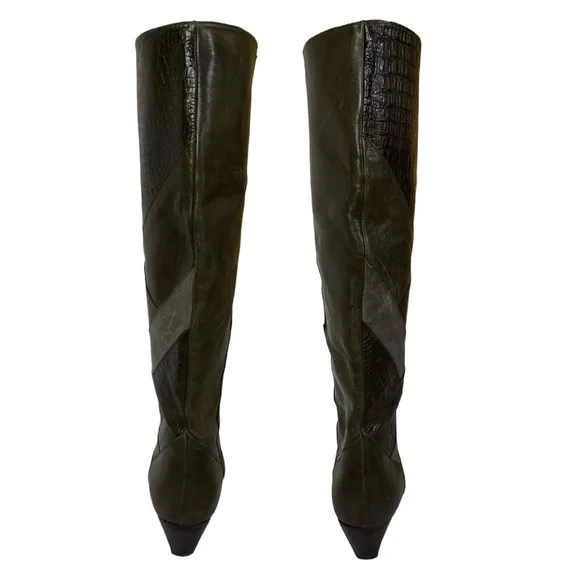 VINTAGE 1980'S HARSCH PATCHWORK LEATHER HEELED CALF HIGH BOOTS (5)
