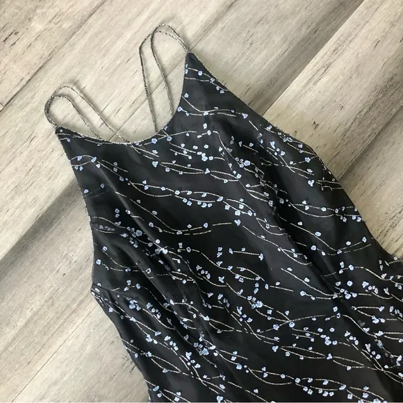 Vintage 1990s Papell Evening High Neck Backless Mesh Overlay Glitter Dress Gown