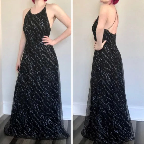 Vintage 1990s Papell Evening High Neck Backless Mesh Overlay Glitter Dress Gown