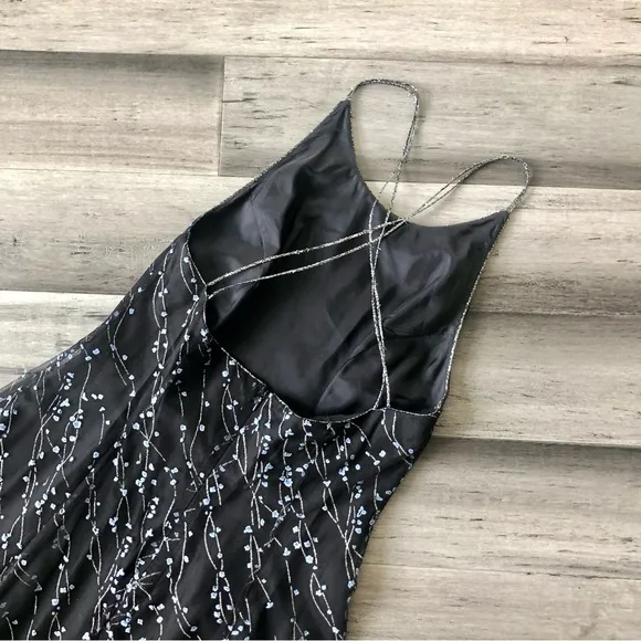 Vintage 1990s Papell Evening High Neck Backless Mesh Overlay Glitter Dress Gown
