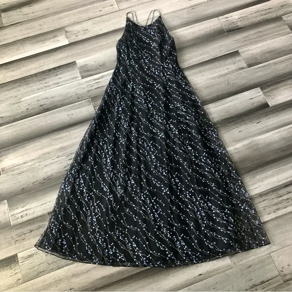 Vintage 1990s Papell Evening High Neck Backless Mesh Overlay Glitter Dress Gown