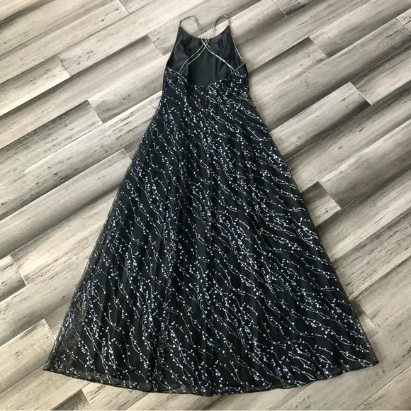 Vintage 1990s Papell Evening High Neck Backless Mesh Overlay Glitter Dress Gown