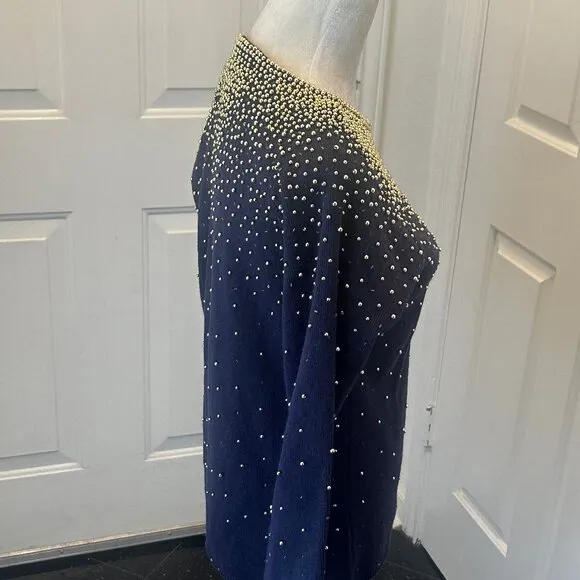 Vintage 80's Bonnie Boerer Embellished Navy Sweater with Gold Beads S