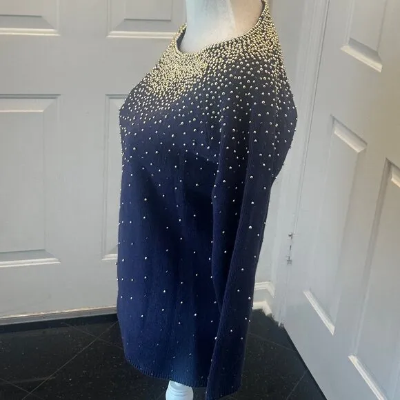 Vintage 80's Bonnie Boerer Embellished Navy Sweater with Gold Beads S