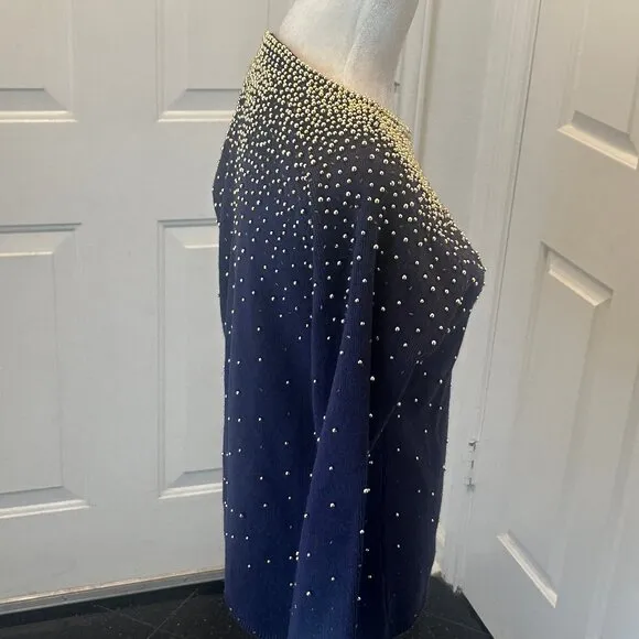 Vintage 80's Bonnie Boerer Embellished Navy Sweater with Gold Beads S
