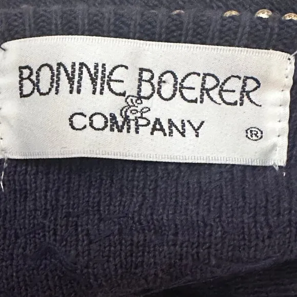 Vintage 80's Bonnie Boerer Embellished Navy Sweater with Gold Beads S