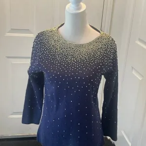 Vintage 80's Bonnie Boerer Embellished Navy Sweater with Gold Beads S