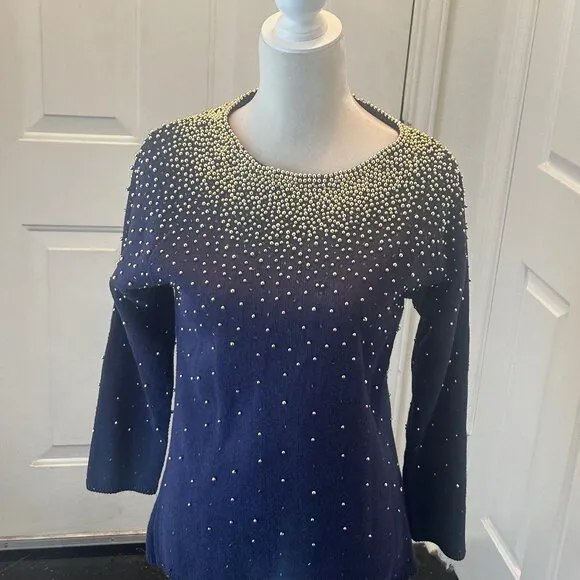 Vintage 80's Bonnie Boerer Embellished Navy Sweater with Gold Beads S