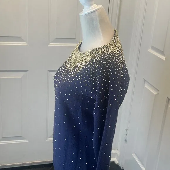 Vintage 80's Bonnie Boerer Embellished Navy Sweater with Gold Beads S