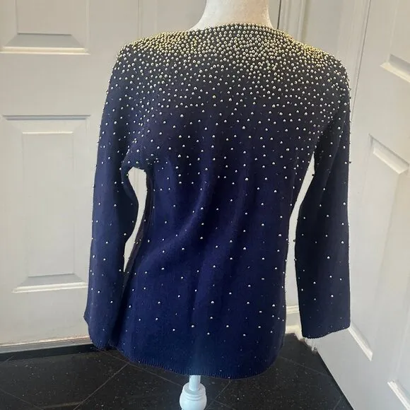 Vintage 80's Bonnie Boerer Embellished Navy Sweater with Gold Beads S