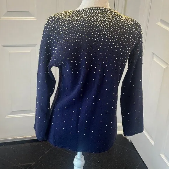 Vintage 80's Bonnie Boerer Embellished Navy Sweater with Gold Beads S