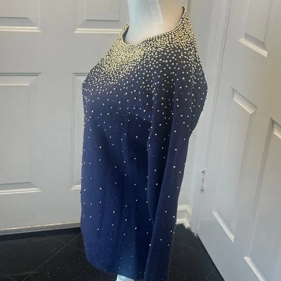 Vintage 80's Bonnie Boerer Embellished Navy Sweater with Gold Beads S