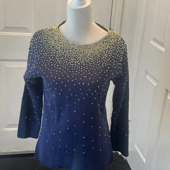 Vintage 80's Bonnie Boerer Embellished Navy Sweater with Gold Beads S