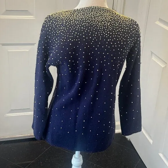 Vintage 80's Bonnie Boerer Embellished Navy Sweater with Gold Beads S