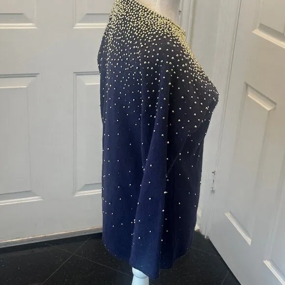 Vintage 80's Bonnie Boerer Embellished Navy Sweater with Gold Beads S