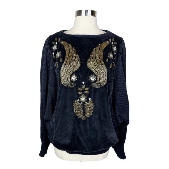 Vintage 80’s Bonnie Boerer Pret Black &amp; Gold Beaded Dolman Sweater
