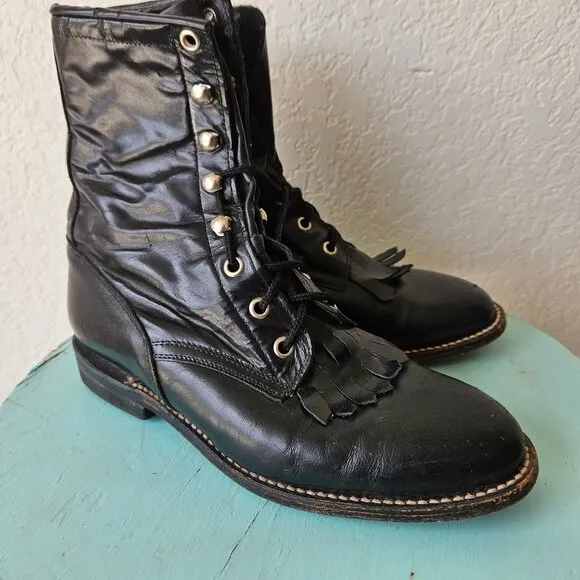 Vintage 80s Cowtown Western Roper Kiltie Lace Up Black Boots Victorian Womens 6