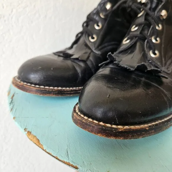 Vintage 80s Cowtown Western Roper Kiltie Lace Up Black Boots Victorian Womens 6