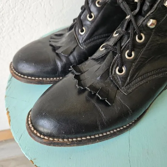 Vintage 80s Cowtown Western Roper Kiltie Lace Up Black Boots Victorian Womens 6