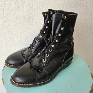 Vintage 80s Cowtown Western Roper Kiltie Lace Up Black Boots Victorian Womens 6