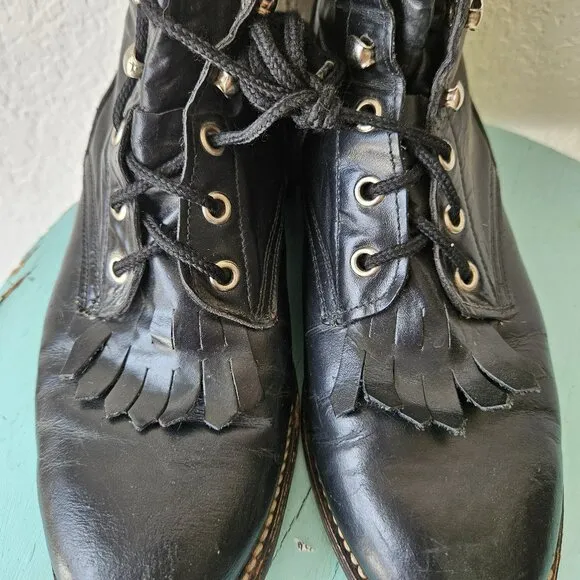 Vintage 80s Cowtown Western Roper Kiltie Lace Up Black Boots Victorian Womens 6