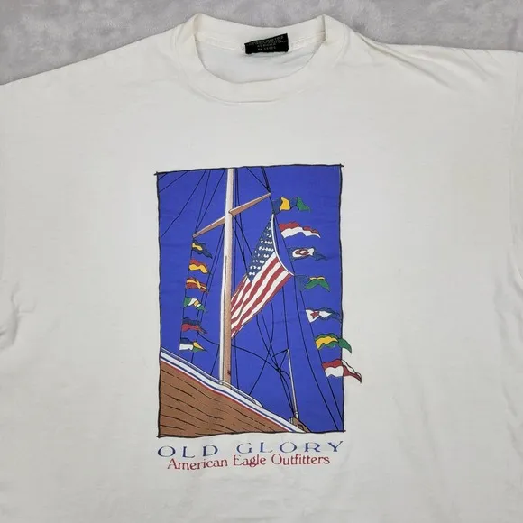 Vintage American Eagle Shirt Men XL Single Stitch AEO USA Old Glory Boat Yacht‎