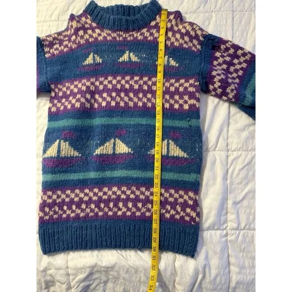 Vintage Blue Boat Print Sweater Knit Wool Purple Winter Holiday Stripe 90s *Read