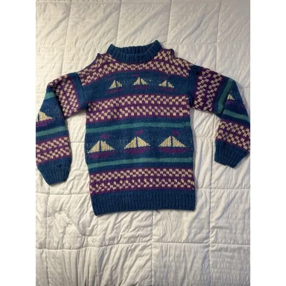 Vintage Blue Boat Print Sweater Knit Wool Purple Winter Holiday Stripe 90s *Read
