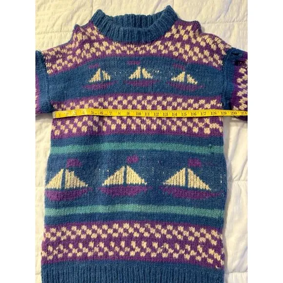 Vintage Blue Boat Print Sweater Knit Wool Purple Winter Holiday Stripe 90s *Read