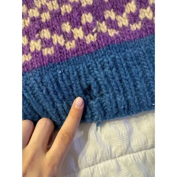 Vintage Blue Boat Print Sweater Knit Wool Purple Winter Holiday Stripe 90s *Read