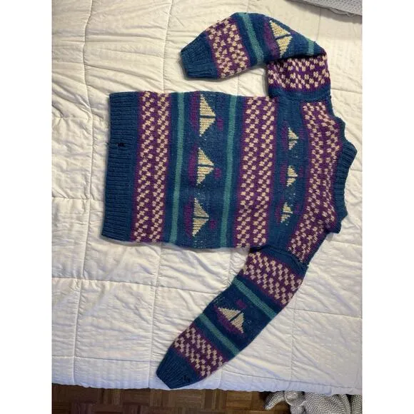 Vintage Blue Boat Print Sweater Knit Wool Purple Winter Holiday Stripe 90s *Read