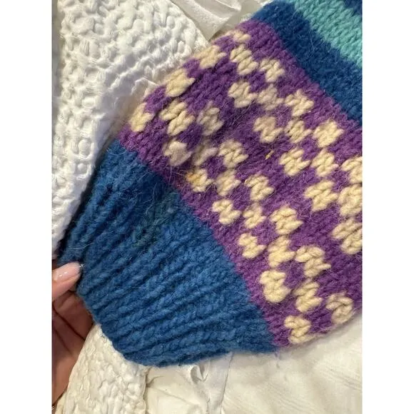 Vintage Blue Boat Print Sweater Knit Wool Purple Winter Holiday Stripe 90s *Read