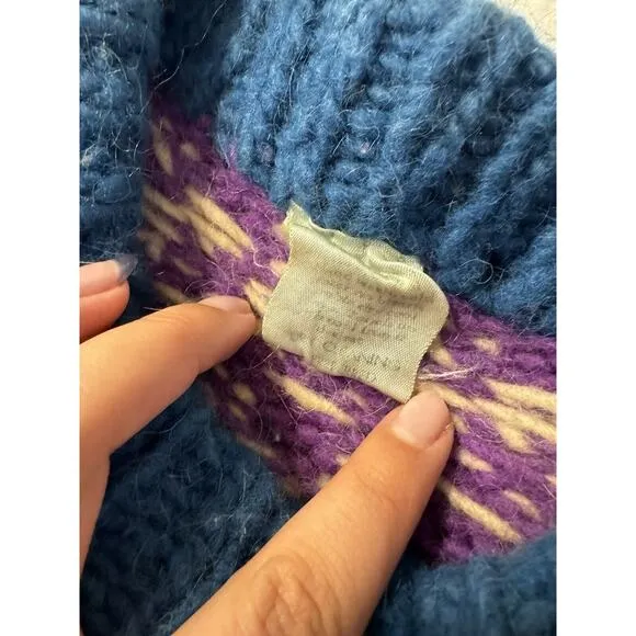 Vintage Blue Boat Print Sweater Knit Wool Purple Winter Holiday Stripe 90s *Read