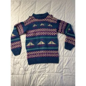 Vintage Blue Boat Print Sweater Knit Wool Purple Winter Holiday Stripe 90s *Read