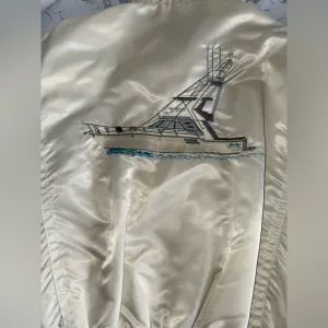 Vintage Bomber Jacket Size Large Ivory Satin Button Up Sea Ray Boat Racer Collar