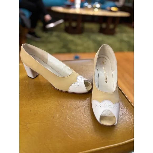 Vintage Customcraft Heels Beige &amp; White Open Toe Shoes Size Unknown