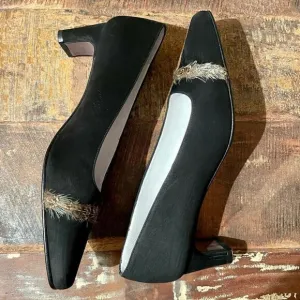 Vintage Delman Black Suede Square Toe Kitten Heels