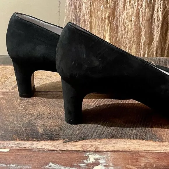Vintage Delman Black Suede Square Toe Kitten Heels